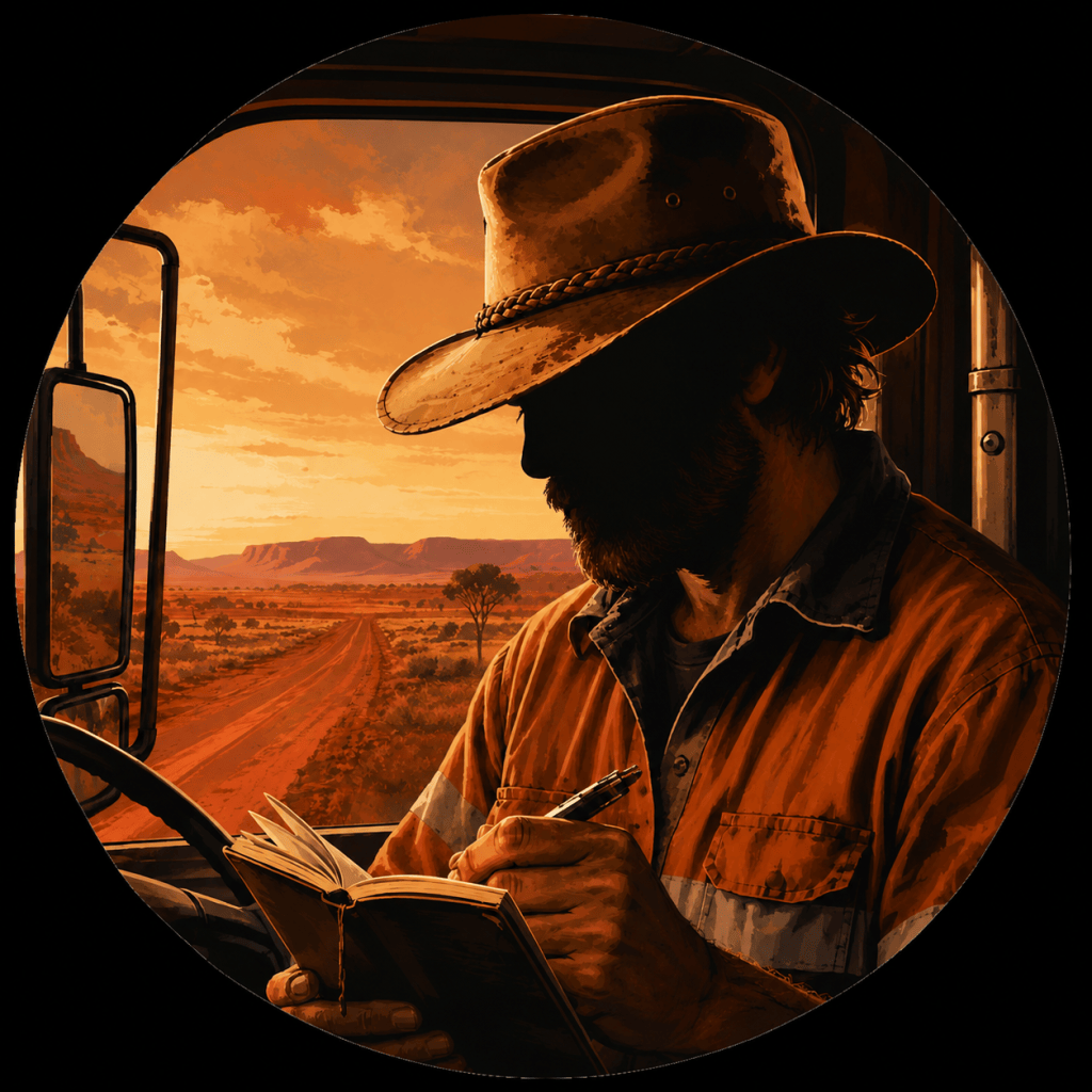 Illustration of John Michael Rose writing in a notebook in the cab of his truck, with the outback road through the windscreen